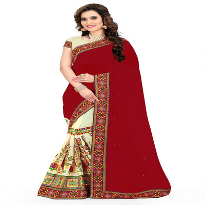 Arriva Fab Embroidered Fashion Poly Georgette Saree(Maroon, Beige)