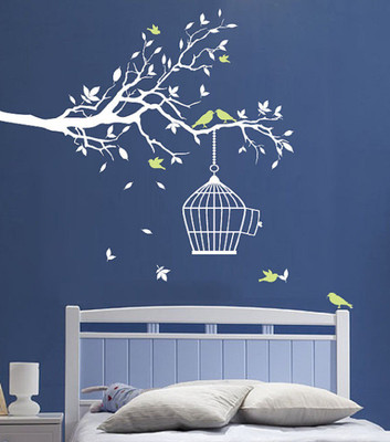 Asmi Collections 155 cm White Branches Green Birds Removable Sticker(Pack of 1)
