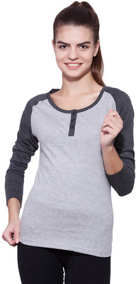Ap'pulse Colorblock Women Henley Neck Grey T-Shirt