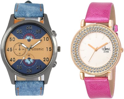COSMIC ARTIFICIAL CHRONOGRAPH DIAL BLUE JEANS STRAP MEN WATCH WITH DIAMOND STUDDED AND GLAMOROUS DIVA LADIES PARTY WEAR Watch  - For Couple   Watches  (COSMIC)