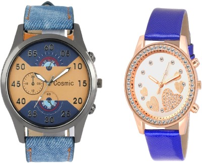 COSMIC ARTIFICIAL CHRONOGRAPH DIAL BLUE STRAP MEN WATCH WITH QUEEN OF HEARTSSOOMS SL-0068 SUPER BEAUTIFUL LADIES DIAMOND STUDDED PARTY WEAR Watch  - For Couple   Watches  (COSMIC)