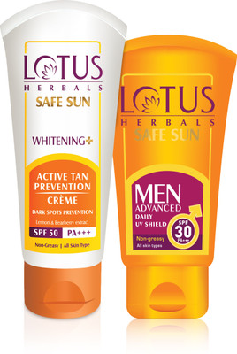 

lotus herbals SPF 50 Whitening Plus Active Tan Prevention Creme with Lemon & Bearberry Extract 50 gms and MEN advanced daliy uv shield SPF 30 PA+++ 100g(Set of 2)
