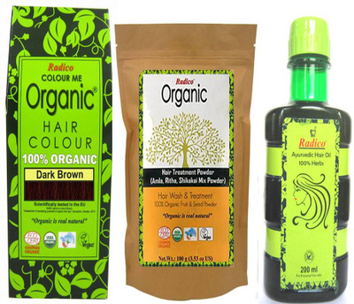 

Radico 100% Organic Dark Brown With Hair Treatment & Ayurvedic Hair Oil(Set of 3)