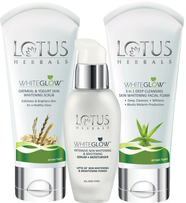 

lotus herbals White Glow Serum Moisturiser 30ml and White Glow Oatmeal & Yogurt Skin Whitening Scrub 100g and Whiteglow Facial Foam 100g(Set of 3)