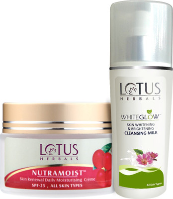 

lotus herbals SPF 25 Nutramoist Skin Renewal Daily Moisturising CrÃ¨me and Whiteglow Cleaning Milk 80ml(Set of 2)