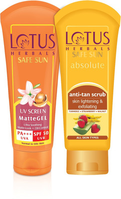 

lotus herbals UV Screen PA+++ UVA SPF 50 UVB Matte Gel 100gm and Anti-Tan Skin Lightening & Exfoliating Scrub 100 gm(Set of 2)
