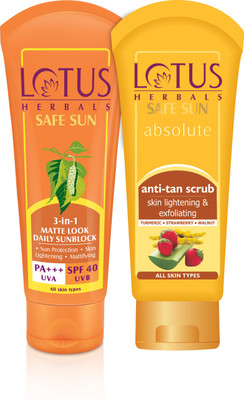 

lotus herbals 3-In-1 Matte Look Daily Sunblock Spf 40 Cream 100 g and Anti-Tan Skin Lightening & Exfoliating Scrub 100 gm(Set of 2)