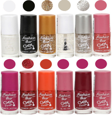 

Fashion Bar White,black,Glitter Golden,Transperent,Glitter Silver,Pink,Rani Pink,Glitter red,Orange,Pink,Deep red,Pink Nail polish White,black,Glitter Golden,Transperent,Glitter Silver,Pink,Rani Pink,Glitter red,Orange,Pink,Deep red,Pink(Pack of 12)