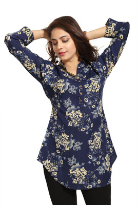 GMK Casual 3/4 Sleeve Printed Women Blue, Beige Top