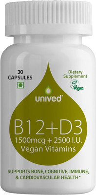 

Unived Unived B12+D3, 1500mcg Methylcobalamin (99%), with 500mcg Methyltetrahydrofolate (5-MTHF), 2500I.U. Plant-Based Vitamin D3 (Cholecalciferol), Bone, Cognitive, Immune, & Cardiovascular Support, 30 servings, 30 Vegan Capsules(28 g)