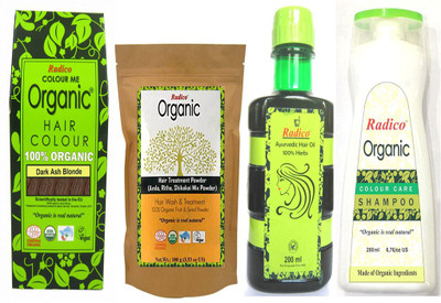 

Radico 100% Organic Dark Ash Blonde With Hair Treatment & Ayurvedic Hair Oil And Organic Color Care Shampoo(Set of 4)