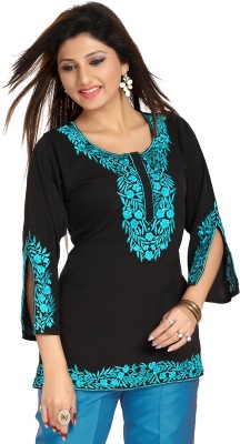 Meher Impex Casual 3/4 Sleeve Embroidered Women Blue, Black Top