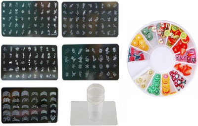 

Royalkart Nail Art Stamping Kit Jumbo 5 Image Plates With Silicone stamper & 3D Fruit Clay Wheel(Multicolor)