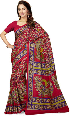 Rani Saahiba Printed Kalamkari Tussar Silk, Art Silk Saree(Purple)
