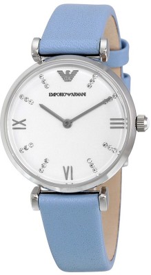 Emporio Armani AR1928 Silvery White Dial Pale Blue Leather Watch  - For Women   Watches  (Emporio Armani)