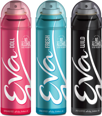 EVA Deodorant Spray, Fresh, Doll & Wild ,125ml - Combo 3 Deodorant Spray - For Women(125 ml, Pack of 3)