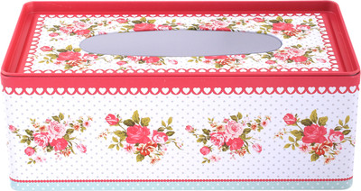 WISHPOOL 1 Compartments TIN Tissue Box Holder (RED FLORAL )(Red)