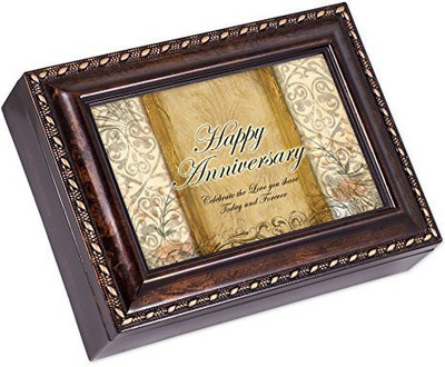 

Cottage Garden Happy Anniversary Dark Burl Wood Finish with Gold Trim Jewelry Music Box Music Box