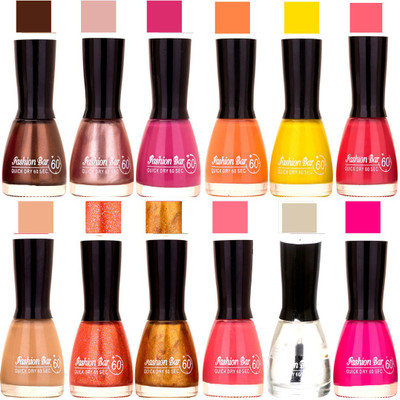 

Fashion Bar Dark Brown,Pearl Pink,Voilet,Peach,Yellow,Pink,Nude,Orange Jari,Golden,Hot Pink,Basecoat,Fuchsia Pink Nail polish Dark Brown,Pearl Pink,Voilet,Peach,Yellow,Pink,Nude,Orange Jari,Golden,Hot Pink,Basecoat,Fuchsia Pink(Pack of 12)