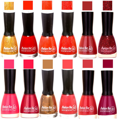 

Fashion Bar Golden,Red,Orange Jari,Red Jari,Mauve,Glitter,Purplish Pink,Mazanta,copper,Pink,Mauvish pink,Plum Nail polish Golden,Red,Orange Jari,Red Jari,Mauve,Glitter,Purplish Pink,Mazanta,copper,Pink,Mauvish pink,Plum(Pack of 12)
