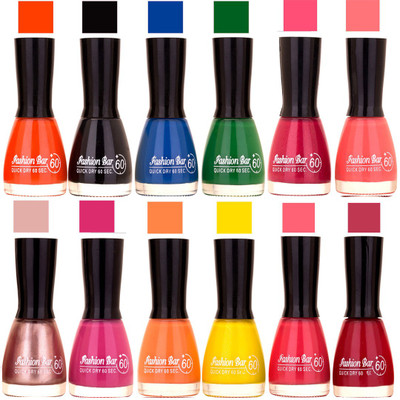 

Fashion Bar Orange,Black,Blue,Green,Mazanta,Neon Pink,Pearl Pink,Voilet,Peach,Yellow,Pink,Frost Pink Nail polish Nail polish Orange,Black,Blue,Green,Mazanta,Neon Pink,Pearl Pink,Voilet,Peach,Yellow,Pink,Frost Pink(Pack of 12)