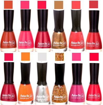 

Fashion Bar Nude Brown,Fuchsia Pink,Sheer Pink,Copper,Pink, Pink,Deep Pink,termeric Orange,Silver,Giltter Golden,Voilet, Pink Nail polish Nude Brown,Fuchsia Pink,Sheer Pink,Copper,Pink,Peaceful Pink,Deep Pink,termeric Orange,Silver,Giltter Golden,Voilet,R