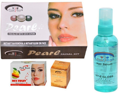 

Pink Root Pearl Facial Kit, Mix Fruit, Gold Bleach, Hair Serum Pack of 4(Set of 4)