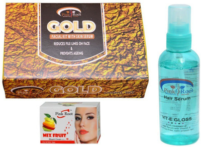 

Pink Root Gold Facial Kit, Mix Fruit Bleach Cream, Hair Serum Pack of 3(Set of 3)