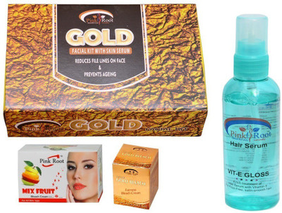 

Pink Root Gold Facial Kit, Mix Fruit, Gold Bleach, Hair Serum Pack of 4(Set of 4)