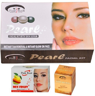 

Pink Root Pearl Facial Kit, Mix Fruit and Gold Bleach Cream Pack of 3(Set of 3)