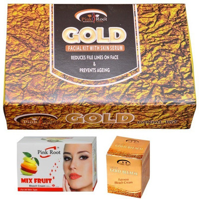 

Pink Root Gold Facial Kit, Mix Fruit and Gold Bleach Cream Pack of 3(Set of 3)