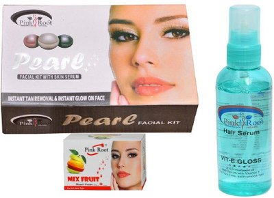 

Pink Root Pearl Facial Kit, Mix Fruit Bleach Cream, Hair Serum Pack of 3(Set of 3)