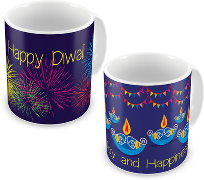 

Indigifts Best Festival Gifts Diwali Christmas New Year Kitchen Happy Diwali Fireworks & Joy Happiness Diya set of 2 Printed Best Quality Ceramics Home Family Friends Ceramic Mug(330 ml, Pack of 2), Multicolor