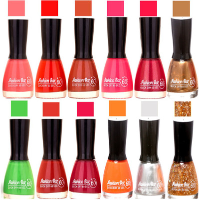 

Fashion Bar Neon,Sunset Red,Brown,Pink,Mazanta,copper,Green,Brown,Peach,Silver,Glitter Golden Nail polish Neon,Sunset Red,Brown,Pink,Mazanta,copper,Green,Brown,Peach,Silver,Glitter Golden(Pack of 12)