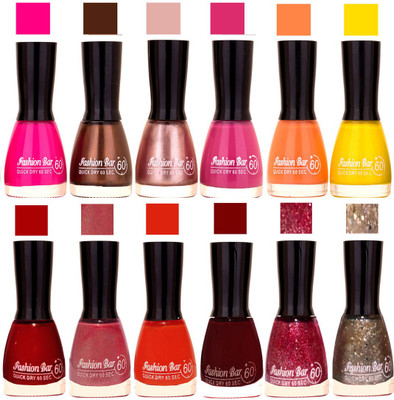 

Fashion Bar Rani Pink,Dark Brown,Precious Pink,Purple,Peach,Yellow,,Red,Pearl Pink,Orange,Maroon,Glitter,Silver Jari Nail polish Rani Pink,Dark Brown,Precious Pink,Purple,Peach,Yellow,,Red,Pearl Pink,Orange,Maroon,Glitter,Silver Jari(Pack of 12)