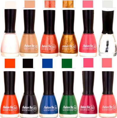 

Fashion Bar White,Nude,Glitter Orange,Copper,Neon Pink,Transperent,Orange,Black,Blue,Green,Mazanta Pink,Pearl Pink Nail polish White,Nude,Glitter Orange,Copper,Neon Pink,Transperent,Orange,Black,Blue,Green,Mazanta Pink,Pearl Pink(Pack of 12)