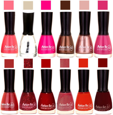 

Fashion Bar Pink,Transperent,Rani Pink,Dark Brown,Precious Pink,Purple,Mauve Mellow,Jari,Pearl Pink,Orange,Dark Red Nail polish Pink,Transperent,Rani Pink,Dark Brown,Precious Pink,Purple,Mauve Mellow,Jari,Pearl Pink,Orange,Dark Red(Pack of 12)