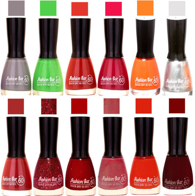 

Fashion Bar Grey,Green,Rich Brown,Mazanta,Peach,Silver,Mauve,Jari,Red,Pearl Shimmer Pink,Orange,Cherry Red Nail polish Grey,Green,Rich Brown,Mazanta,Peach,Jari Red,Mauve,Jari,Red,Pearl Shimmer Pink,Orange,Cherry Red(Pack of 12)