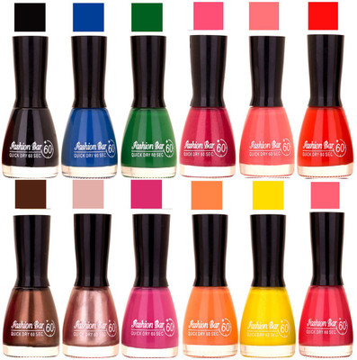 

Fashion Bar Black,Blue,Green,Shimmer Mazanta,Neon Pink,Sunset Red,Dark Brown,Pearl Pink,Voilet,Peach,Yellow,Pink Nail polish Black,Blue,Green,Shimmer Mazanta,Neon Pink,Sunset Red,Dark Brown,Pearl Pink,Voilet,Peach,Yellow,Pink(Pack of 12)