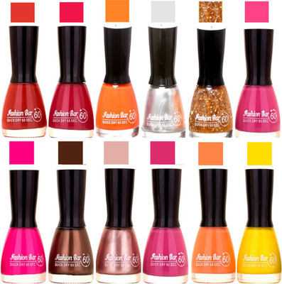

Fashion Bar Brown,Mazanta,Orange,Silver,Golden,Voilet Puple,Fuchsia Pink,Dark Brown,Pearl Pink,Voilet,Peach,Yellow Nail polish Brown,Mazanta,Orange,Silver,Golden,Voilet Puple,Fuchsia Pink,Dark Brown,Pearl Pink,Voilet,Peach,Yellow(Pack of 12)