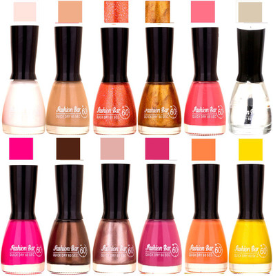 

Fashion Bar White,Nude,Orange jari,Pink,basecoat,Rani Pink,Brown dark,Pearl pink,Voilet,Peach,Yellow Nail polish White,Nude,Orange jari,Pink,basecoat,Rani Pink,Brown dark,Pearl pink,Voilet,Peach,Yellow(Pack of 12)