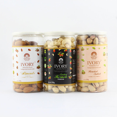 

Ivory Pack of 3 Almonds, Cashew and Pistachio Nuts 250gm each Almonds, Cashews, Pistachios(750 g, Mason Jar)