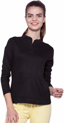 Ap'pulse Solid Women Polo Neck Black T-Shirt