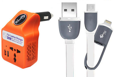

myTVS TLC-28 Car Laptop and Mobile Charger with 2-in-1 Data Transfer cable for Android + iOS (1 mtr)- Orange & White Combo