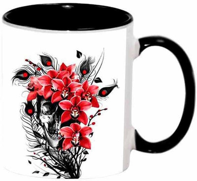 Ashvah Skull Flower Ceramic Mug(350 ml), Black