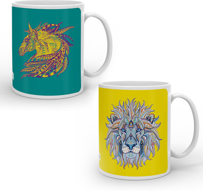

Indigifts Best Festival Gifts Diwali Christmas New Year Kitchen Artistic Designer Horse & Lion face set of 2 Printed Best Quality Ceramics Home Family Friends Ceramic Mug(330 ml, Pack of 2), Multicolor
