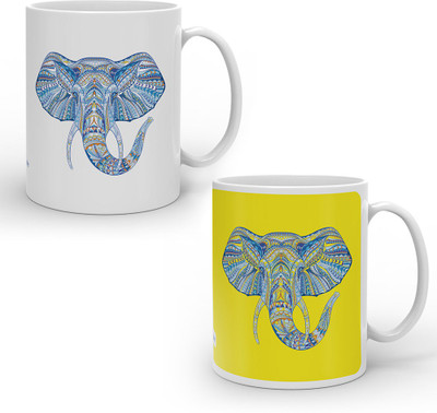 

Indigifts Best Festival Gifts Diwali Christmas New Year Kitchen Artistic Designer Elephant White Yellow Colour set of 2 Printed Best Quality Ceramics Home Family Friends Ceramic Mug(330 ml, Pack of 2), Multicolor