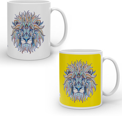 

Indigifts Best Festival Gifts Diwali Christmas New Year Kitchen Artistic Designer Lion Face White Yellow Colour set of 2 Printed Best Quality Ceramics Home Family Friends Ceramic Mug(330 ml, Pack of 2), Multicolor