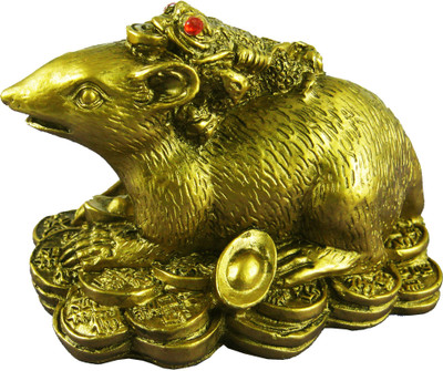 

estore VASTU FENG SHUI FROG ON MANGOOS, RAT, MOUSE WITH WEALTH COINS FOR GOODLUCK AND HAPPINESS Decorative Showpiece - 6 cm(Polyresin, Gold)
