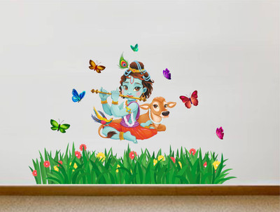 Rawpockets Lord Krishna Flute singing with Cow and Butterfly Grass Decorative(75 cm X cm 115, Multicolor) available at flipkart for Rs.199